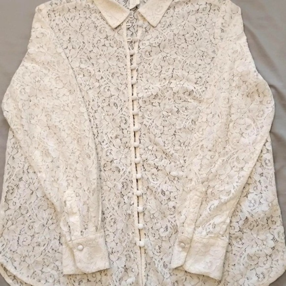 H&M Sheer Floral Lace Button Down Shirt romantic boho long-sleeve preppy clean - Picture 2 of 9